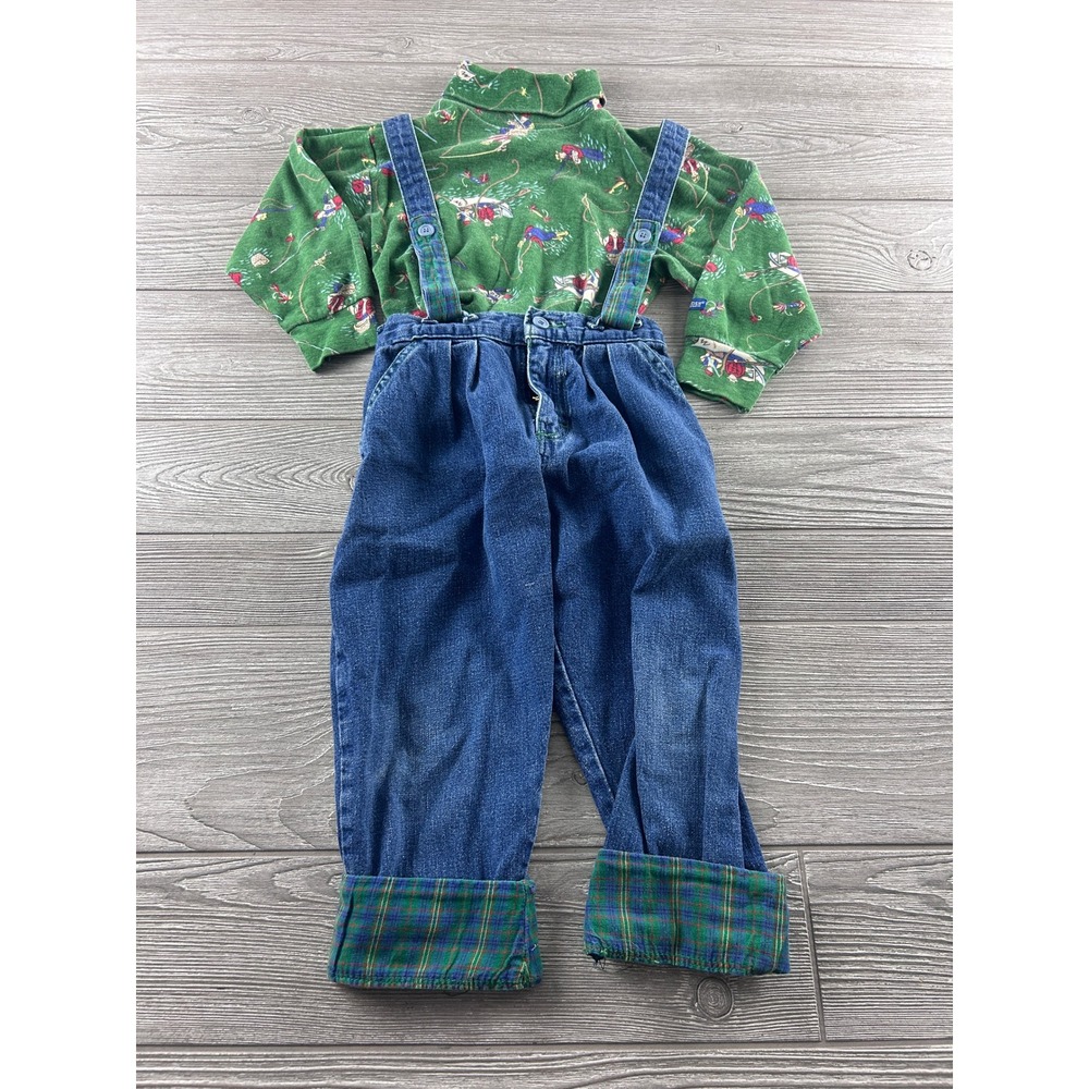 Vintage OshKosh Bgosh 4T Fishing Turtleneck and Plaid Lined Denim Suspender Set